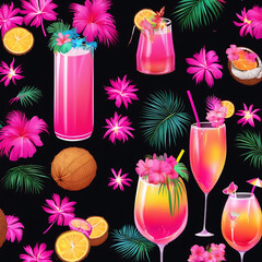Tropical cocktails and flowers seamless pattern on a black background