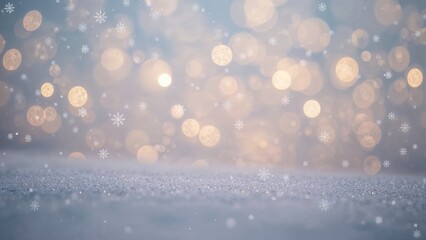 A snowy winter scene with bokeh light effects and snowflakes.