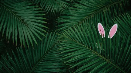 Tropical green palm leaves with a pink and white bunny ears decoration. Nature and playful concept. Jungle foliage and whimsical elements.