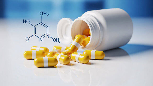 Pharmaceutical capsules spilling out of a modern bottle with molecular structure for healthcare concepts