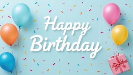 Fototapeta premium Colorful balloons and confetti surround a pink gift box, with the text 