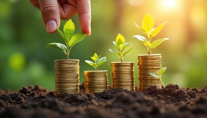 Golden coins stacked in rows like steps. Tiny green plants sprout from coin stacks. Hand gently touches a leaf. Represents financial growth investment and future profit.