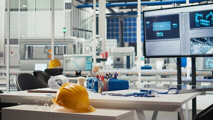 Research and development photovoltaics factory office used to oversee performance of robot arms placing solar panels on assembly lines. Panning shot of empty facility floor with solar plant machinery