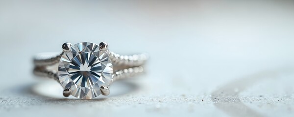 Fototapeta premium Close up shot of a single diamond ring with intricate silver band. Gemstone sparkles brightly against a soft white background. Perfect for wedding or engagement themes.