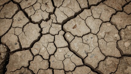 Cracked dry earth or soil with irregular patterns. Parched land, drought, and desert terrain. A close-up of arid, cracked ground showing the effects of dry conditions.