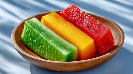 Close-up of a wooden bowl filled with colorful fruit slices, including green, yellow, and red pieces, under bright lighting.