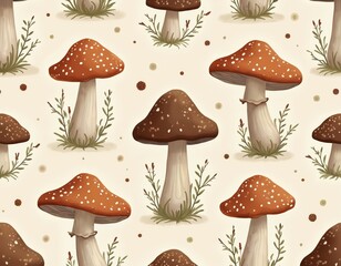Seamless pattern various mushrooms. Illustration features detailed fungi design on light background. Repeating elements create decorative backdrop. Artistic design suitable for diverse applications.