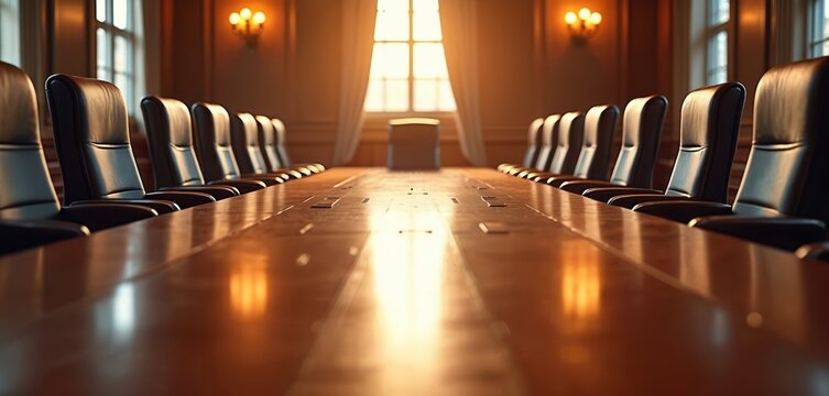 Conference room at city hall with long wooden table leather chairs. Light streams through windows creating warm glow. Place for decision making debate or municipal proceedings.