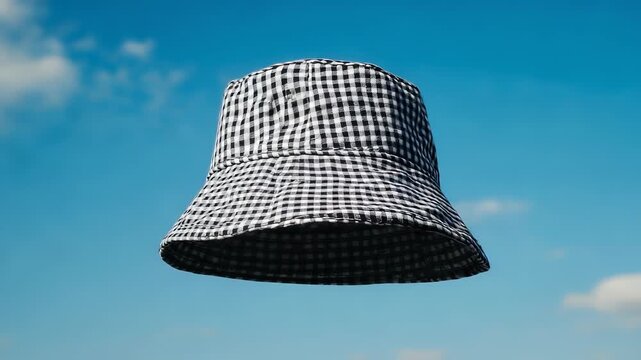 Floating Gingham Bucket Hat Against Blue Sky: Summer Fashion, Travel Accessory, and Sun Protection Concept