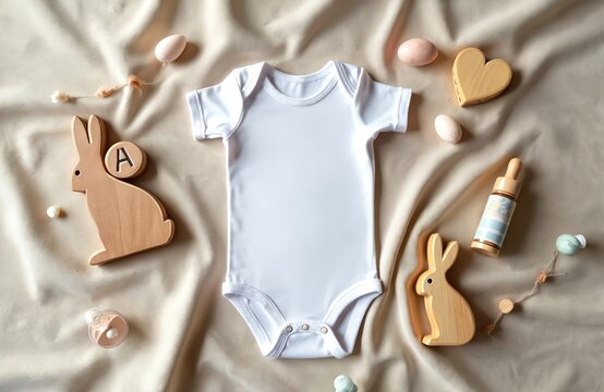 A flat lay of a white baby onesie with Easter themed decorations. Features wooden bunny cutouts, pastel eggs, and a tiny pacifier. Perfect for spring baby announcements.