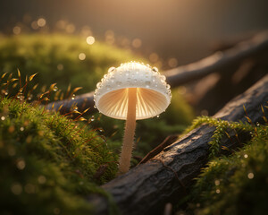 A delicate mushroom growing amidst moss on the forest floor, adorned with dew drops. The soft lighting highlights the unique beauty of the mushroom and its natural surroundings, creating an enchanting