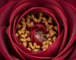 A close-up of a rose, showing the intricate details of the flower's center and pollen. The warm sunlight highlights the beauty of the rose, showcasing its natural elegance and intricate structure.