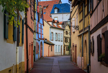 Fototapeta premium Festive decorations on half timbered houses, Colmar Christmas Market in France