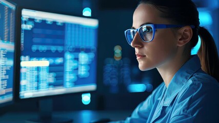Cyber Security Analyst Focused: An intelligent woman with eyeglasses, engrossed in the dynamic digital world of data and networks, works within the realm of cybersecurity. - Powered by Adobe