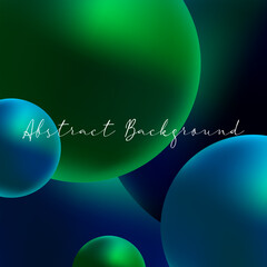 Modern abstract background in blue and green colours. Realistic 3D spheres. Shiny bubbles backdrop. Square graphic template.