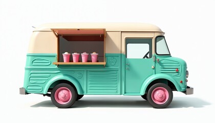 Retro ice cream truck in teal and cream colors serves sweet frozen desserts from its open window. The classic vehicle is parked, ready to offer refreshing treats on a sunny day.