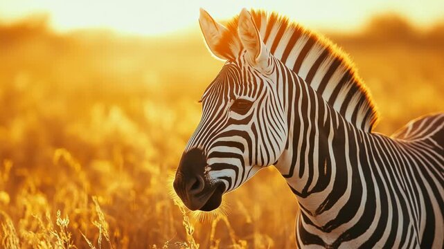 A majestic zebra gracefully roams through the golden grassland, basking in the warm, light of the sunset, creating a breathtaking scene that epitomizes the beauty and tranquility of the wild outdoors