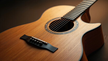 Fototapeta premium Close-up view of polished wooden acoustic guitar with six strings. Musical instrument features classic design with detailed rosette around soundhole. Ideal for music lovers and aspiring artists.
