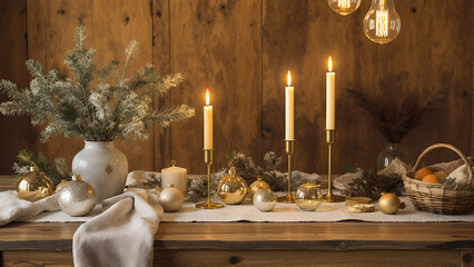 An elegant European holiday table setting with candles, pine branches and ornaments. Warm golden light and natural textures create a cozy minimal festive atmosphere ideal for seasonal lifestyle themes