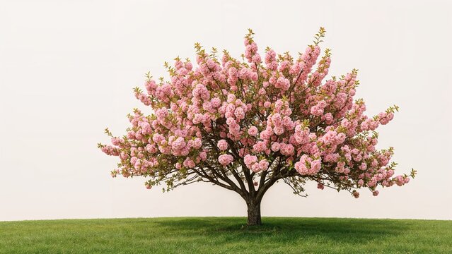 Pink flowering tree in full bloom on green grass, symbolizing spring and renewal. Bright and peaceful scene, ideal for nature and growth themes.