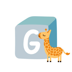 Cute block toy with letter G for kids. Alphabet study, preschool kids, word puzzle game.