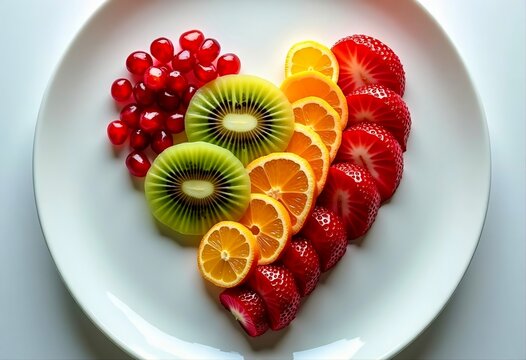 Valentine's Day 2026 healthy eating concept with fresh fruits arranged in heart shape. Colorful strawberries, kiwi, orange slices on white plate. Perfect for nutrition, diet, wellness lifestyle. - Powered by Adobe