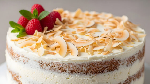Gourmet layered cake topped with toasted coconut and fresh raspberries.