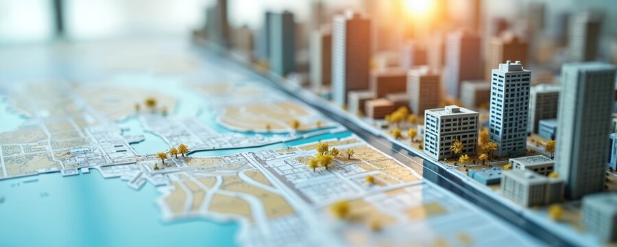 Model city map shows urban layout with buildings, waterways. Miniature cityscape illustrates city planning for development, growth. Visualizes infrastructure, real estate projects for future - Powered by Adobe