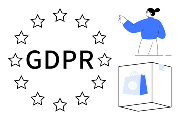 GDPR text surrounded by stars, person pointing ahead, and shopping bag in box. Ideal for data protection, privacy law, e-commerce, regulation, compliance, online security simple flat metaphor