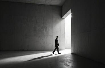 Lone man walks through dark room towards open doorway. Strong shadow stretches across concrete floor. Scene conveys mystery, introspection, suggesting transition departure. Evokes feelings of