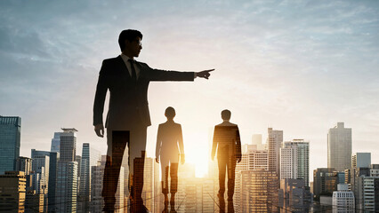 朝日夕日の中の都市オフィスで進路を指し示すビジネスパートナーリーダーと従う従業員の選択した進む未来