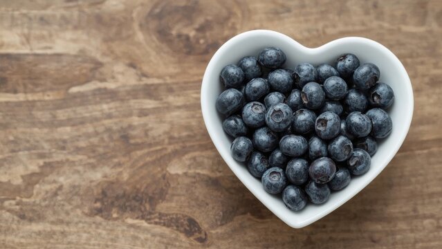Heart-shaped bowl filled with blueberries on wooden surface. Healthy eating, fresh fruit, and dessert concept. Snack, diet, and nutrition. - Powered by Adobe