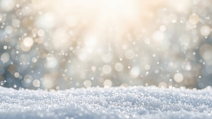 Naklejka premium Snow-covered ground with sparkling lights and bokeh background, showcasing winter and holiday atmosphere.