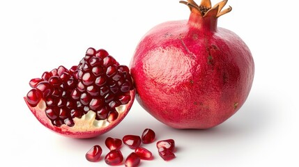 Pomegranate Fruit Whole and Halved with Seeds on White Background