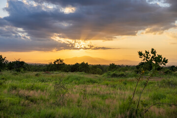 Golden sunset over green fields and distant mountains with sun rays breaking through clouds.