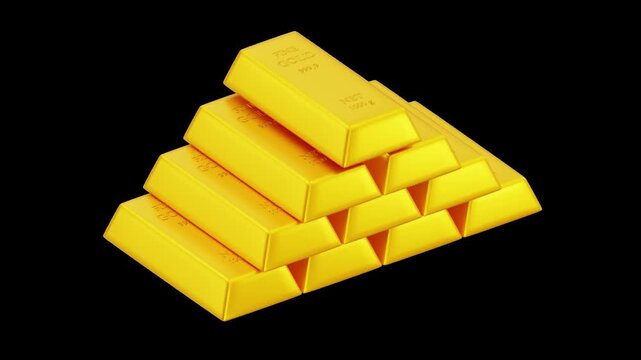 Stacking 3D Fine Gold Bars Bullion Animation, Alpha Channel, Transparent Background