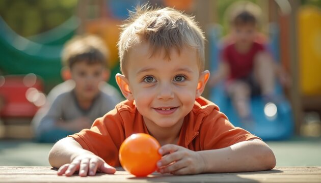 Kid plays with toy ball at playground. Boy smiles with friends. Inclusive play concept. Children with special needs activity together. Child spends time together with kids. Happy childhood moments at