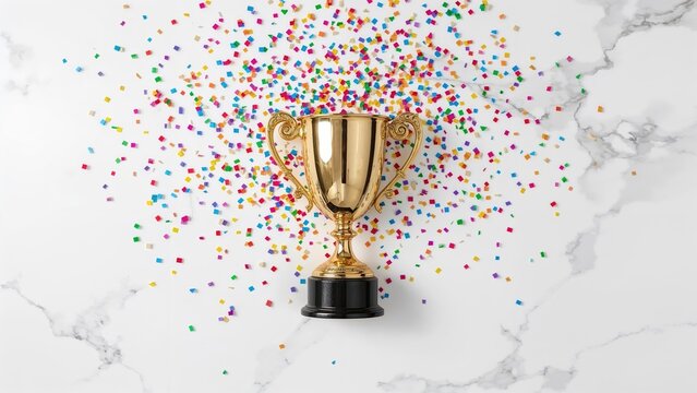Golden trophy cup with colorful confetti on white marble background. Celebration and achievement concept. Award and success. The concept of victory and recognition.