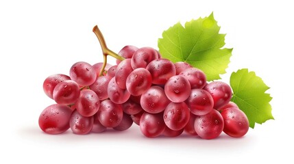 Fototapeta premium Red Grapes with Green Leaves on White Background for Fresh Fruit and Healthy Eating