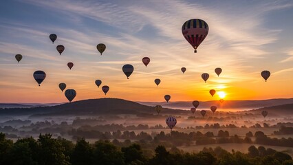 Obraz premium Hot air balloons floating over a misty valley at sunrise.