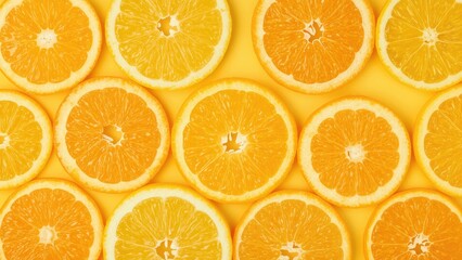 Fototapeta premium Close-up of sliced oranges, showcasing their vibrant orange and yellow colors. Fresh citrus slices arranged in a pattern.