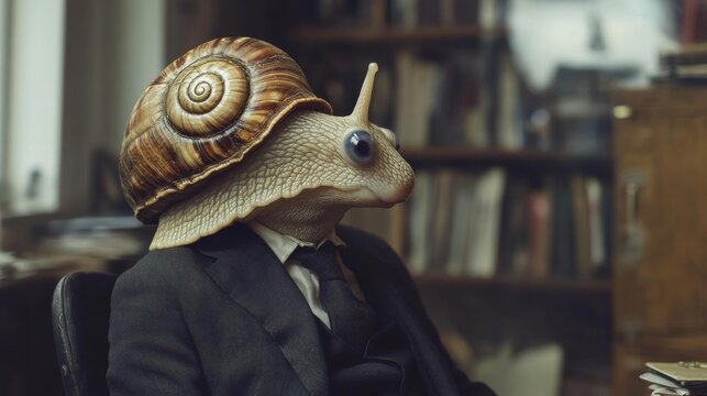 A snail-headed figure in a suit sits in a chair, in front of a bookshelf. AI.