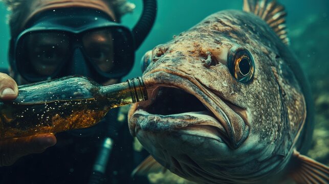 Diver with mask offers a glass bottle with brown liquid to a large fish underwater. AI.