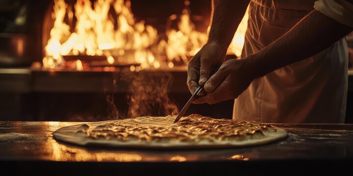 Chef cuts pizza dough with a knife in front of a blazing hot oven. AI. - Powered by Adobe