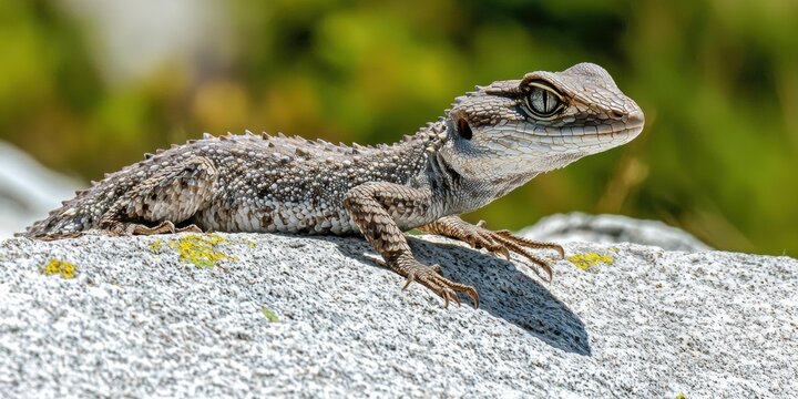 Lizard with textured skin and claws rests on a rock, looking to the right. Greenery is visible in the background. AI. - Powered by Adobe