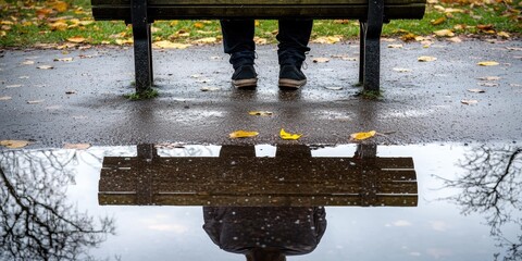 Legs under bench and reflection in a puddle. Leaves are scattered on the ground. AI.