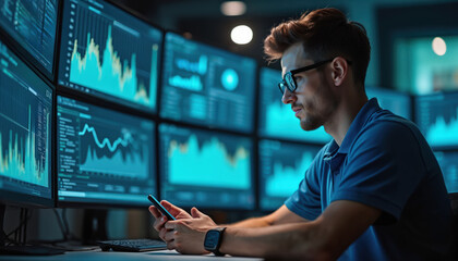 Man in glasses looks at multiple computer screens. He is holding smartphone in hands. Display shows charts and graphs with financial info. Office worker focused on data.