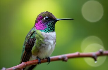 Fototapeta premium Vibrant hummingbird perched on branch in rich green foliage. Intense colors showcase tiny birds beauty. Background bokeh creates depth, focus on subject. Ideal for nature, wildlife travel themes.