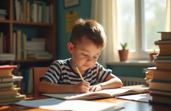 Child sits at desk to study. Kid write in open book with pen. Young boy is concentrated on homework near bookshelf, learning in sunshine light. Student does school tasks. - Powered by Adobe
