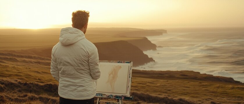A man with his back to the camera painting the sea on a canvas. AI. - Powered by Adobe